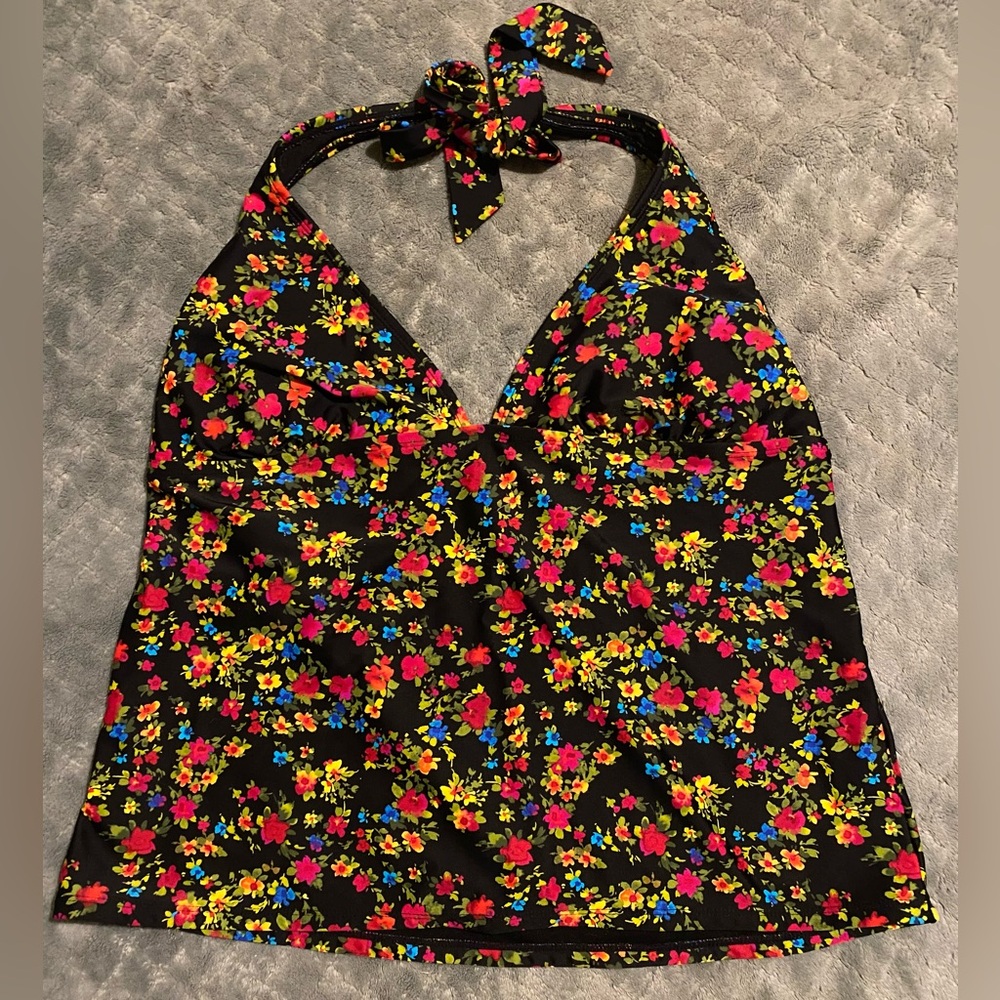 Catalina Black & Floral Halter Tankini Swim Top